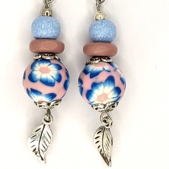 Pink and Blue Floral Bead Earrings with Silver Leaf - Picture 1 of 2